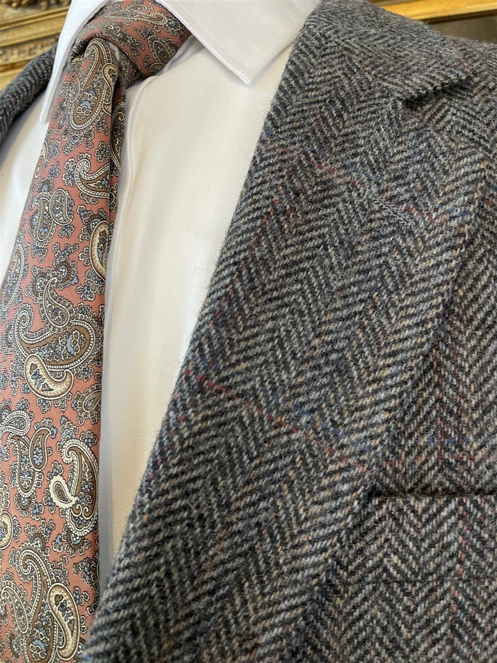 Abrigo Deportivo De Colección Barrister 44L HECHO EN EE. UU. Lana Tweed Gris Espiga Cuadros 2Btn Foto 4 de 4