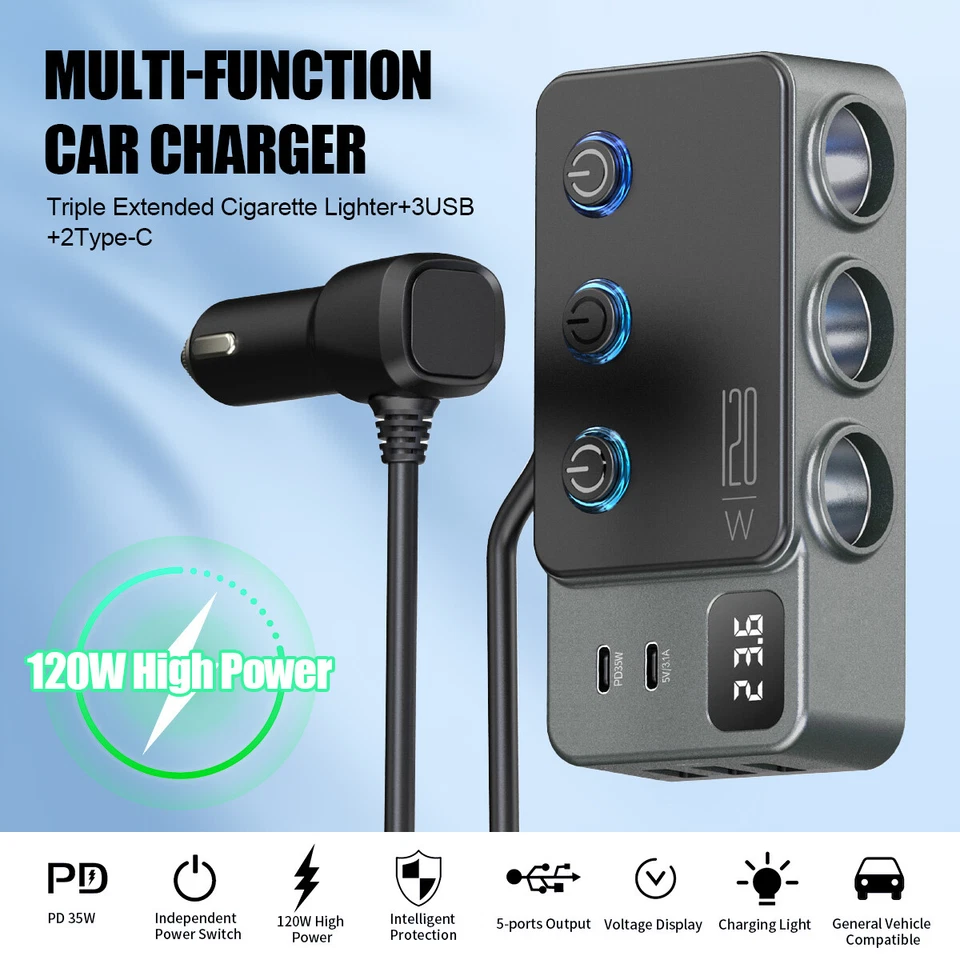 3 Way Car Cigarette Lighter Splitter USB C Charger Fast Charge Adapter 12V/24V - Image 4 of 4