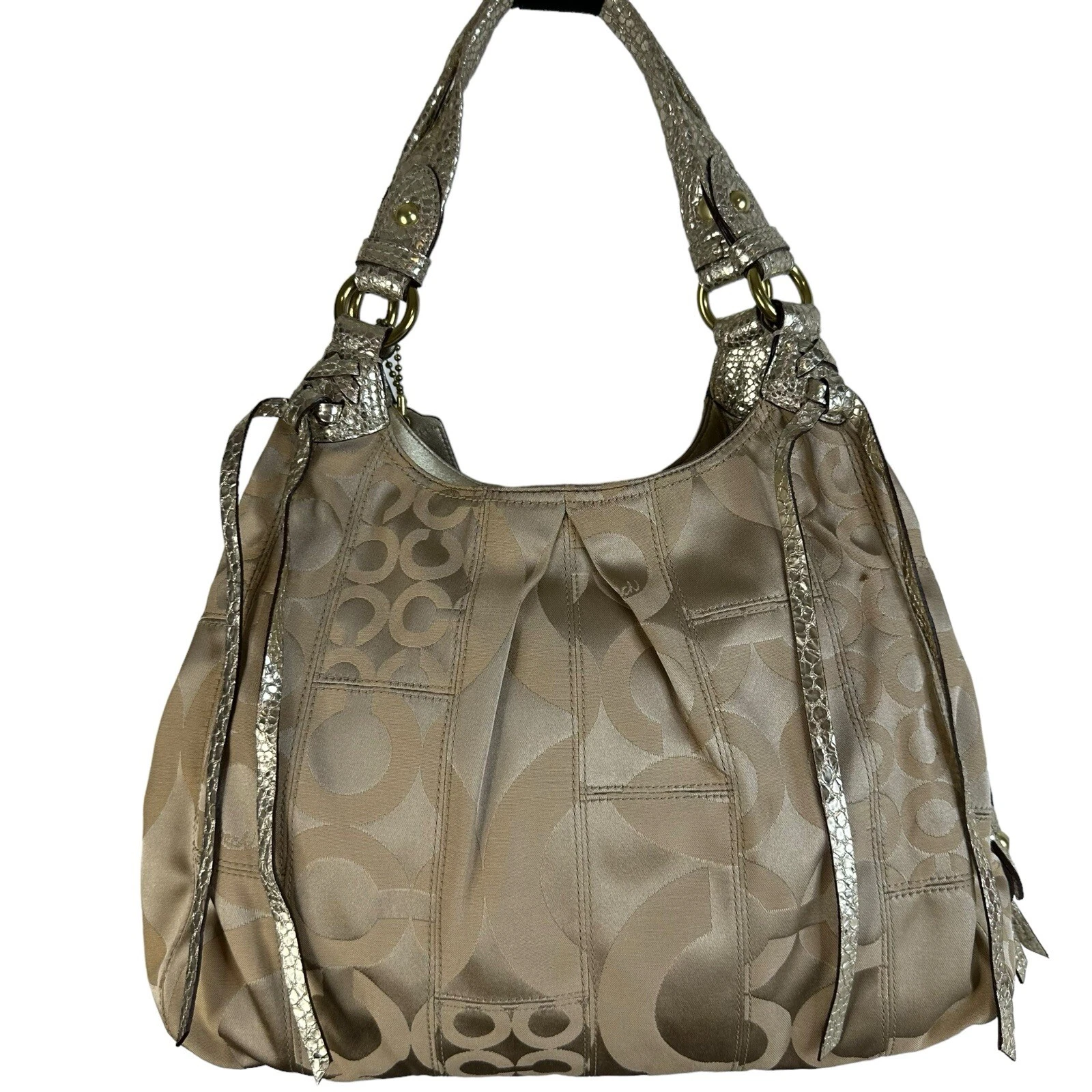 Borsa a tracolla Coach monogramma logo C beige pelliccia metallica finitura tela pelle #13905