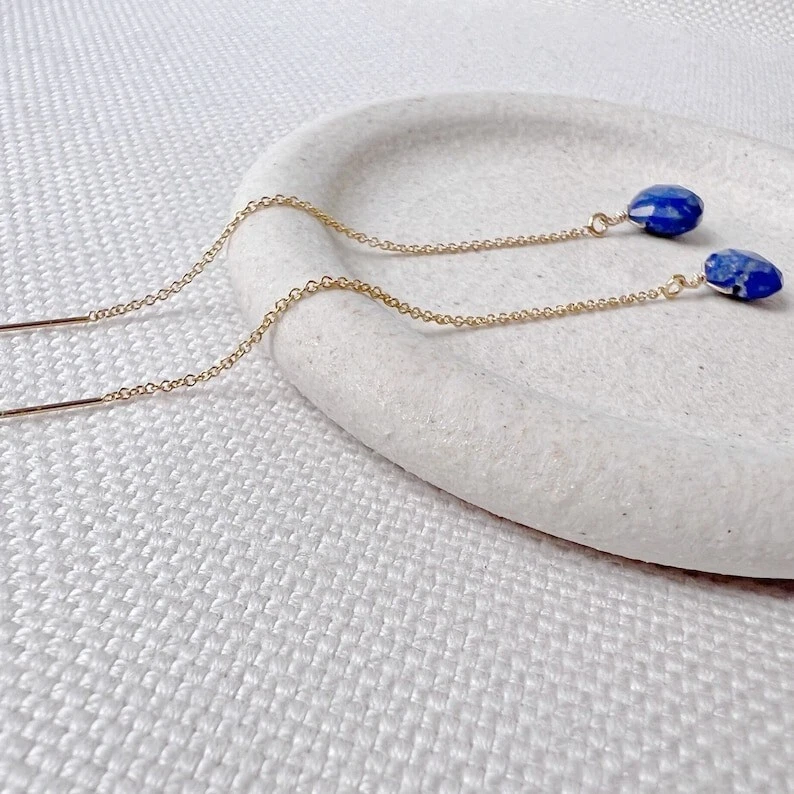 Pendientes colgantes enhebrador de cadena enchapados en oro lágrima facetada lapislázuli Foto 4 de 4