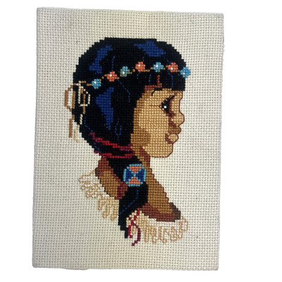 Vintage 1990s Complete Needle Point Cross Stitch Indian Native American Girl