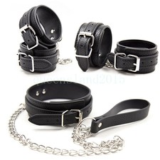 Restraint PU-Leather Handcuffs Wrist Ankle Cuffs Restraints Collar Set Leash Toy
