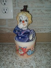 Vtg Animated Porcelain Wind Up Musical Clown in Drum Colorful Funny Nursey Decor