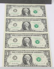 1995 Uncut Sheet of 4 Philadelphia Federal Reserve Dollar $1 Notes CA Serial
