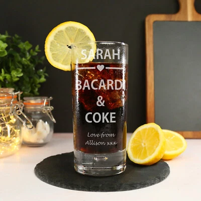 Personalised Engraved Boxed Bacardi & Coke Glass Gift Birthday Christmas Heart