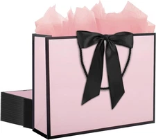 QIELSER 12 pcs Pink Gift Bags with Handles 12.6x4.5x10 in Pink+Black Trims 