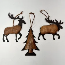 Wood & Metal Moose Deer Elk Christmas Tree Ornament Lot of 3 Hand Crafted 5-6”