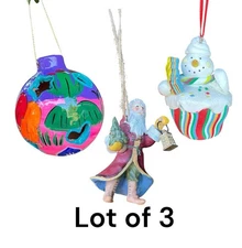 3 Piece Lot Colorful Holiday Christmas Ornaments UNBRANDED Santa Snowman