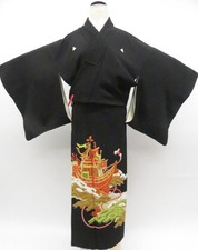 Japanese Vintage Kimono Black-Tomesode Silk Five Crest Kinkoma-Embroided eb-1315