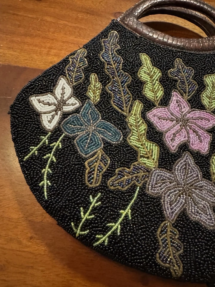 Vintage Beverly Hills Bag Lady Black Retro Beaded Floral Handbag Purse  - Image 2 of 4