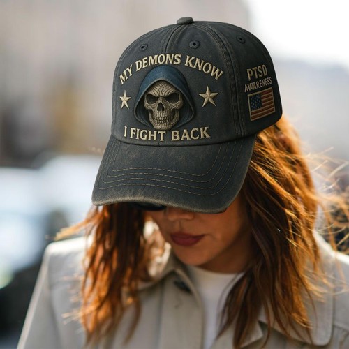 PTSD Awareness Hat – My Demons Know I Fight Back Hat, PTSD Baseball Cap 21-23 In - Picture 7 of 9