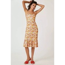 Hutch Anthropologie Sweetheart Midi Dress Ruffled Hem Floral Pink Combo Medium