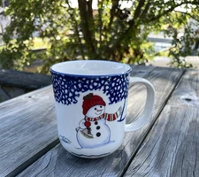Vintage Thomson Pottery Snowman Coffee Tea Mug Blue Cream