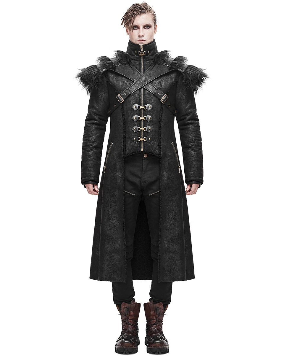 Devil Fashion Mens Long Goth Steampunk Winter Coat Jacket & Armour Harness  Black