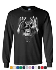 Skull Face Hand Goggles Long Sleeve T-Shirt Funny Dead Eye Staring Skeleton Tee