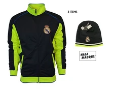 Real Madrid Jacket Adult track zip up hoodie grey blue + Beanie Pom Set 2 items