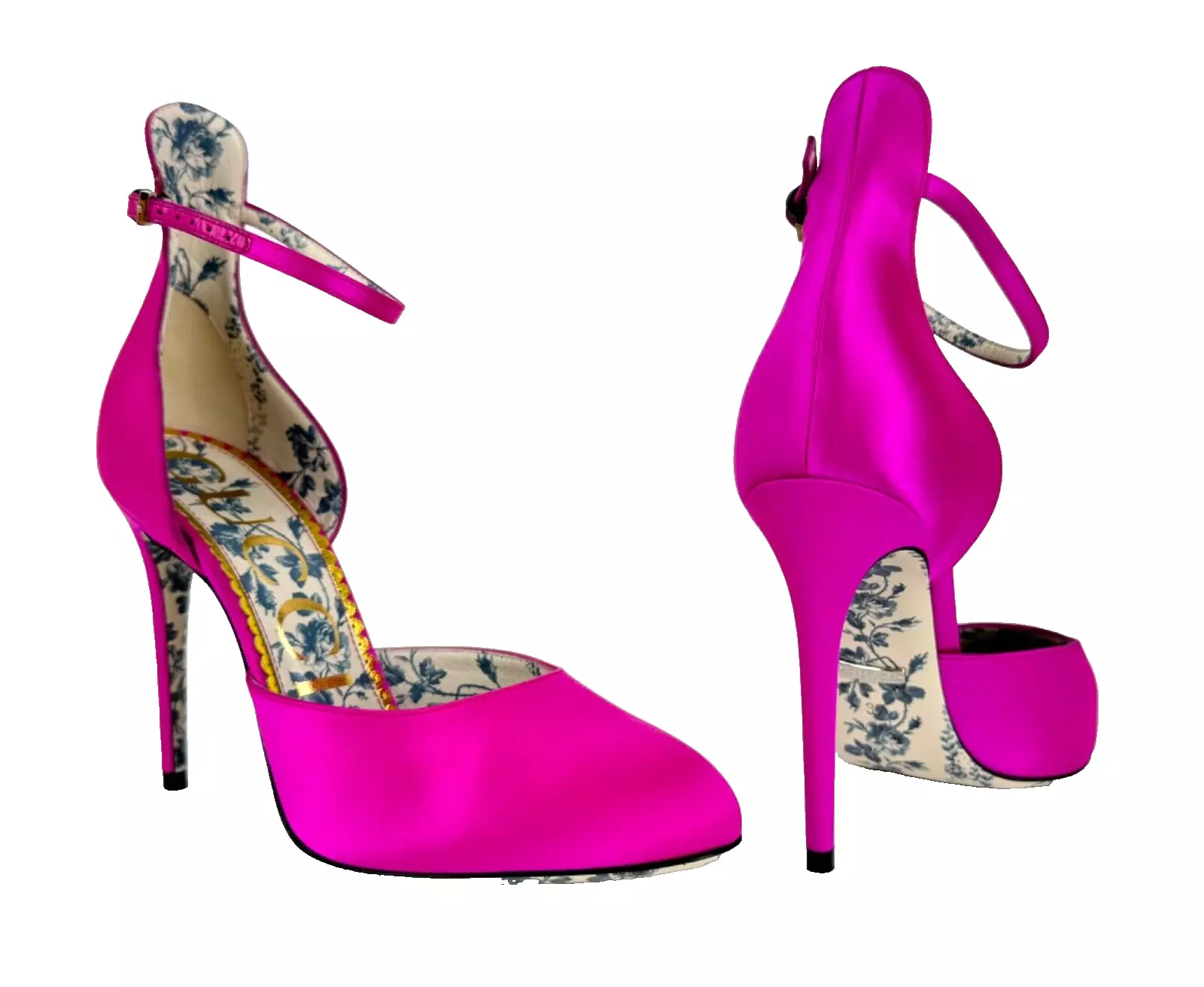 Gucci neuf authentique 7 US 37 EU magenta satin escarpins cheville bride chaussures talons piste