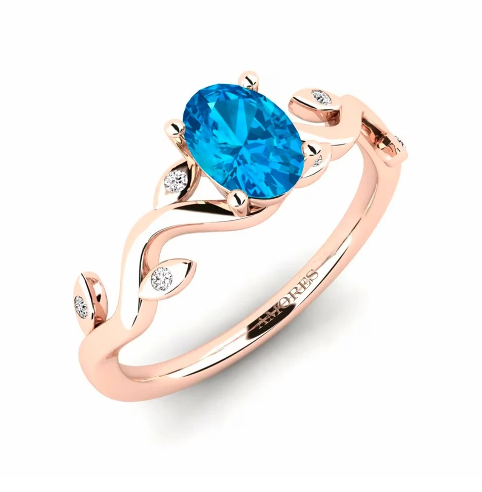 Oval Cut Blue Topaz Ring 10k Yellow Gold Plated Leaf Solitaire Engagemen ring - Image 2 of 4