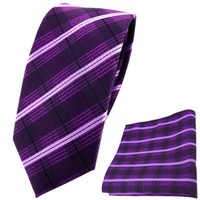 Schmale Tigertie Krawatte + Einstecktuch Lila Violett Flieder Schwarz Gestreift