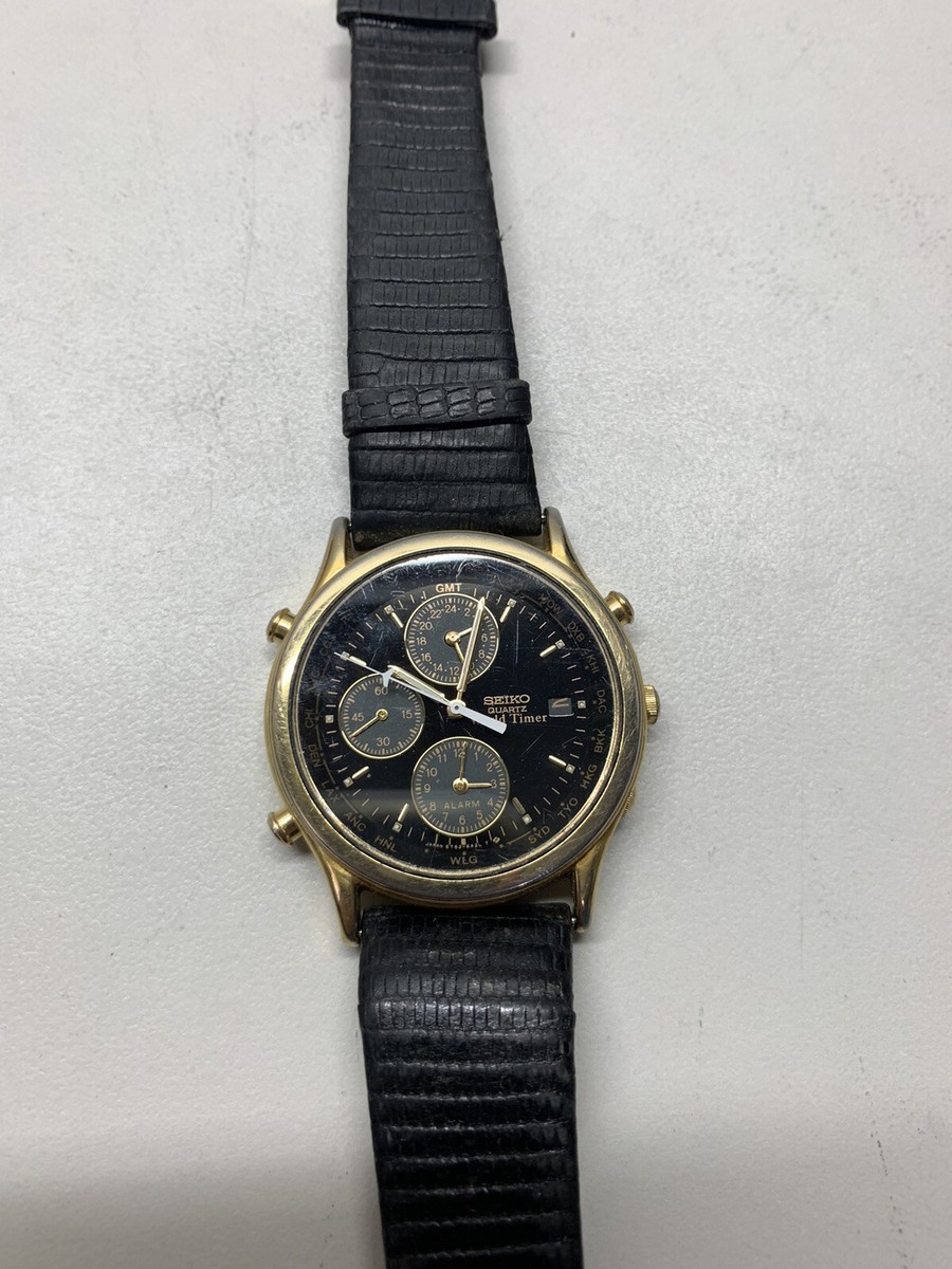 SEIKO クォーツ　worid timer 5T52-6A5A Vintage Seiko World Timer Watch 5T52-6A39 Untested For Parts Or