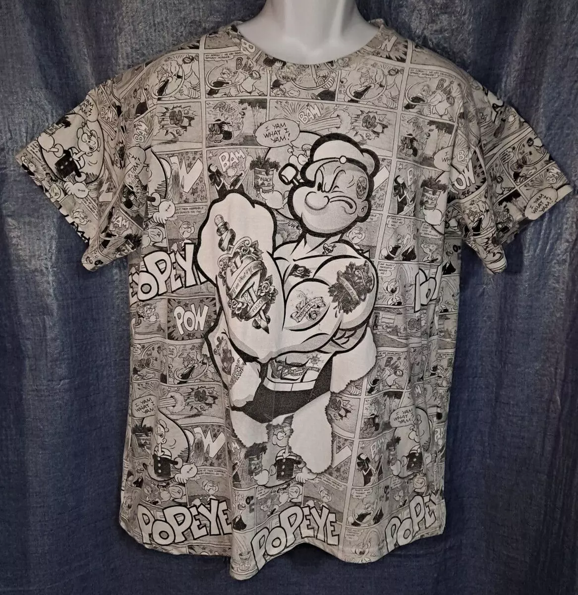 Men's T Shirt Popeye Comic Tee - White Multi Crew Neck Short Sleeve Size XL