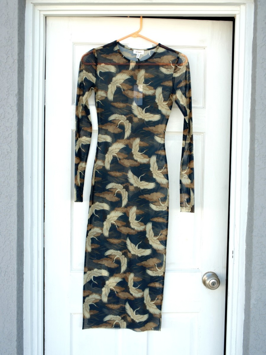 NWT ZENDAYA Size XS Y2k Sheer Long Sleeves Birds Print Sheer Mesh Midi  Dress