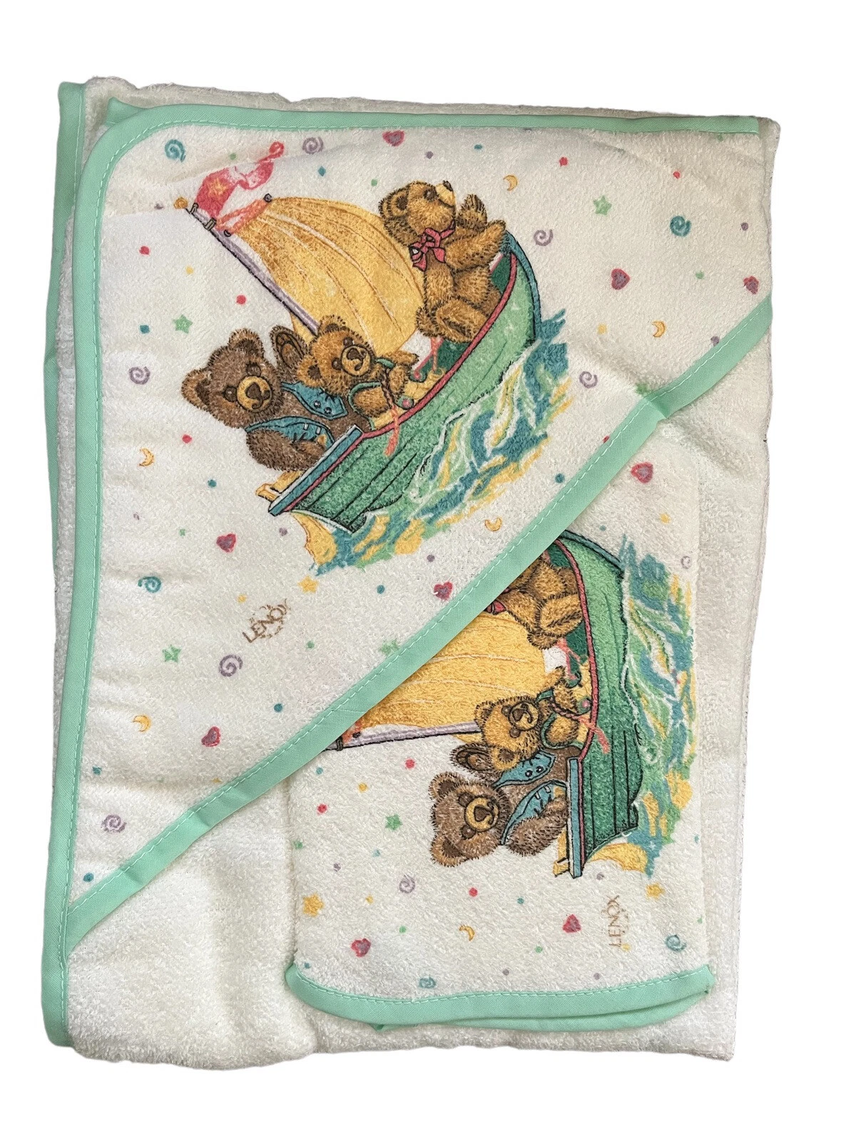 Vintage Lenox China Bears Baby Hooded Towel And Wash Mitt Velour Terry NOS