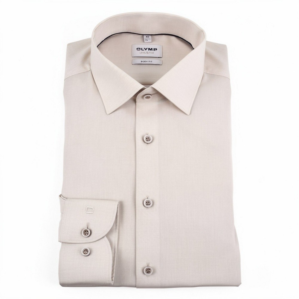 Olymp Level Five Body Men Slim Fit Classic Shirt Beige Kent Collar 100% Cotton
