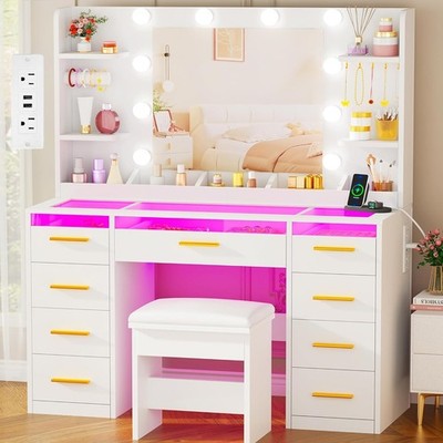 Vanity Desk with Mirror and Lights 3 Colors Large Makeup Vanity Table Set 9 RGB
