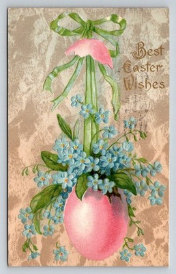 Antique Embossed Easter Postcard 1909 Forget-Me-Nots Broken Egg Ribbon