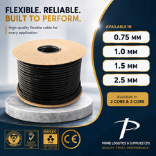 Black Flexible PVC Round Cable 2 & 3 Core 0.75-2.5mm Electrical Wire Black Flex