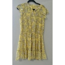 Womens Yellow Floral Tiered Dress Smocked Waist Ruffle Sleeve Button Front sz M