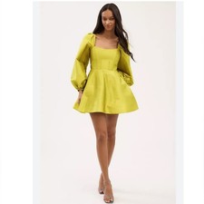BHLDN Dress Sage Balloon Puff-Sleeve Mini Fit & Flare in Neon Green