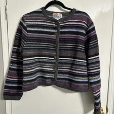 Tally Ho Wool Cardigan Sweater Purple Striped XL Pollak  Woman Vintage 