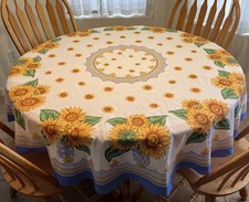 Vintage Round Sunflower Tablecloth Blue Floral Country Farmhouse Cottagecore 68