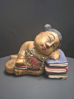 Vintage Wood  Carved Wooden Book End Asian Woman Sleeping Figure Wood Thai