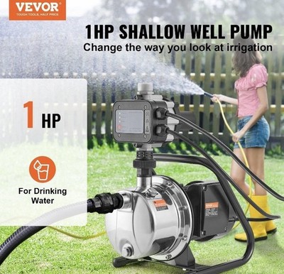 Shallow Well Pump, 1HP 115V, 1200 GPH 145 ft Head, Portable Stainless Steel Spri