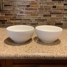 Elle Decor White Porcelain 6” Basketweave Soup Cereal Bowls Set Of 2
