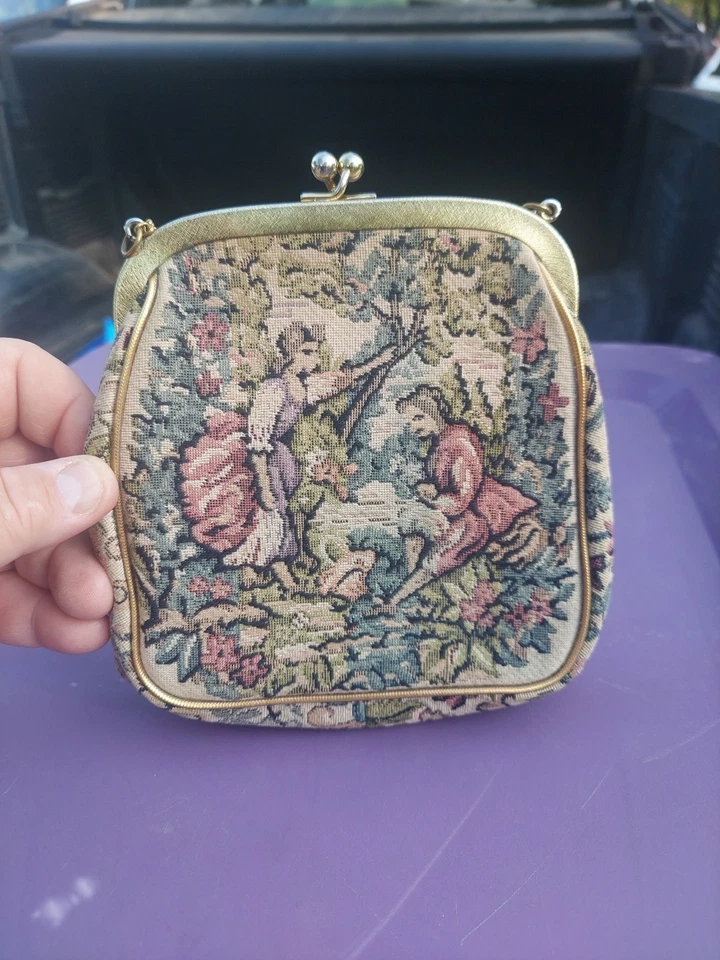 Bolso sin asas antiguo Petit Point tejido doble cara escenas de gentry tapiz trabajo Foto 2 de 4
