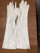 Vintage White Long Opera Gloves Kid Leather 1950s Size 7 Lavable Cut Outs