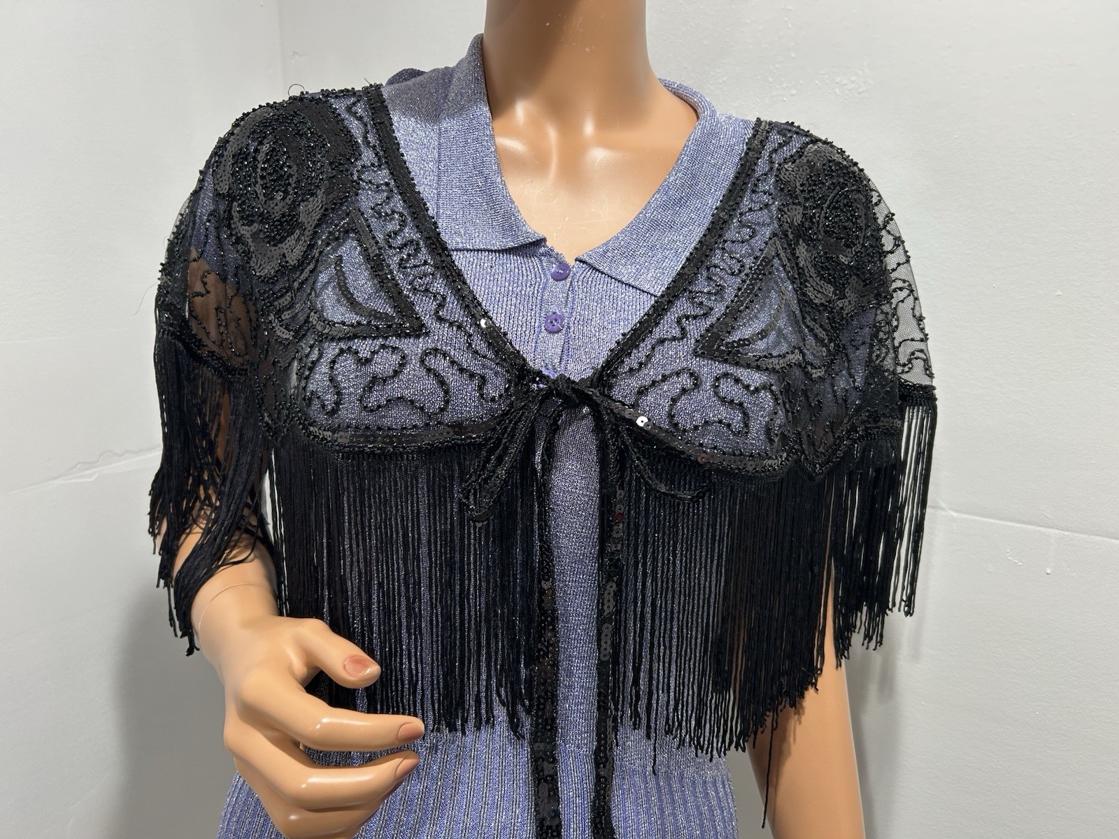Black Embroidered Scarf Shawl Tie Closing And Fringe Edge