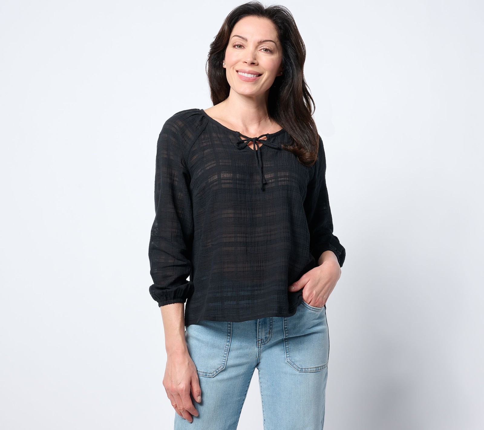 Sport Savvy Women's Top Sz XL Textured Woven Blouse Tie Neck Black A688273