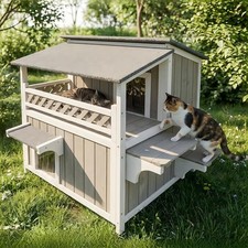 Outdoor Indoor Wooden Cat House Weatherproof Two-Story Cat Shelter Enclosed