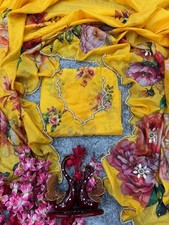Women Yellow Organza Katdana Bead Hand Embroidered Saree with Unstitched Blouse