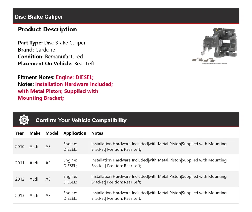 适用于 2010 - 2013 奥迪 A3 DIESEL 盘式制动卡钳 左后 Cardone 2011 2012 — 第 2/4 张图片