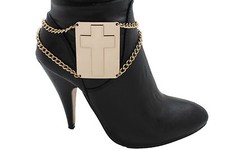 Women Western Boot Bracelet Gold Metal Chain Links Cross Plate Anklet Shoe Charm