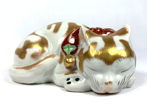 Kutani Sleeping Cat Rare Japanese Antique Nemuri Neko Hand Painted 6"