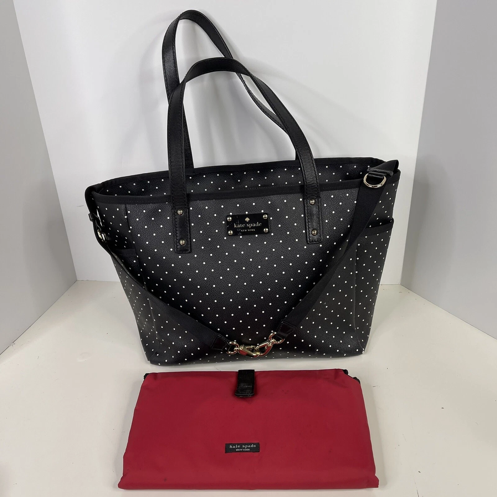 Kate Spade Large Black Tan Polka Dot Diaper Bag Travel Tote with Changing Mat