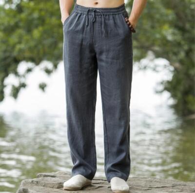 New Summer Men Elastic waist Thin pant Cotton linen Straight pant Loose  trousers