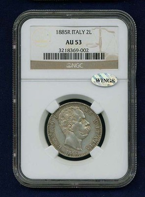 ITALY KINGDOM  1885-R 2 LIRE SILVER COIN ALMOST UNCIRCULATED, NGC CERTIFIED AU53